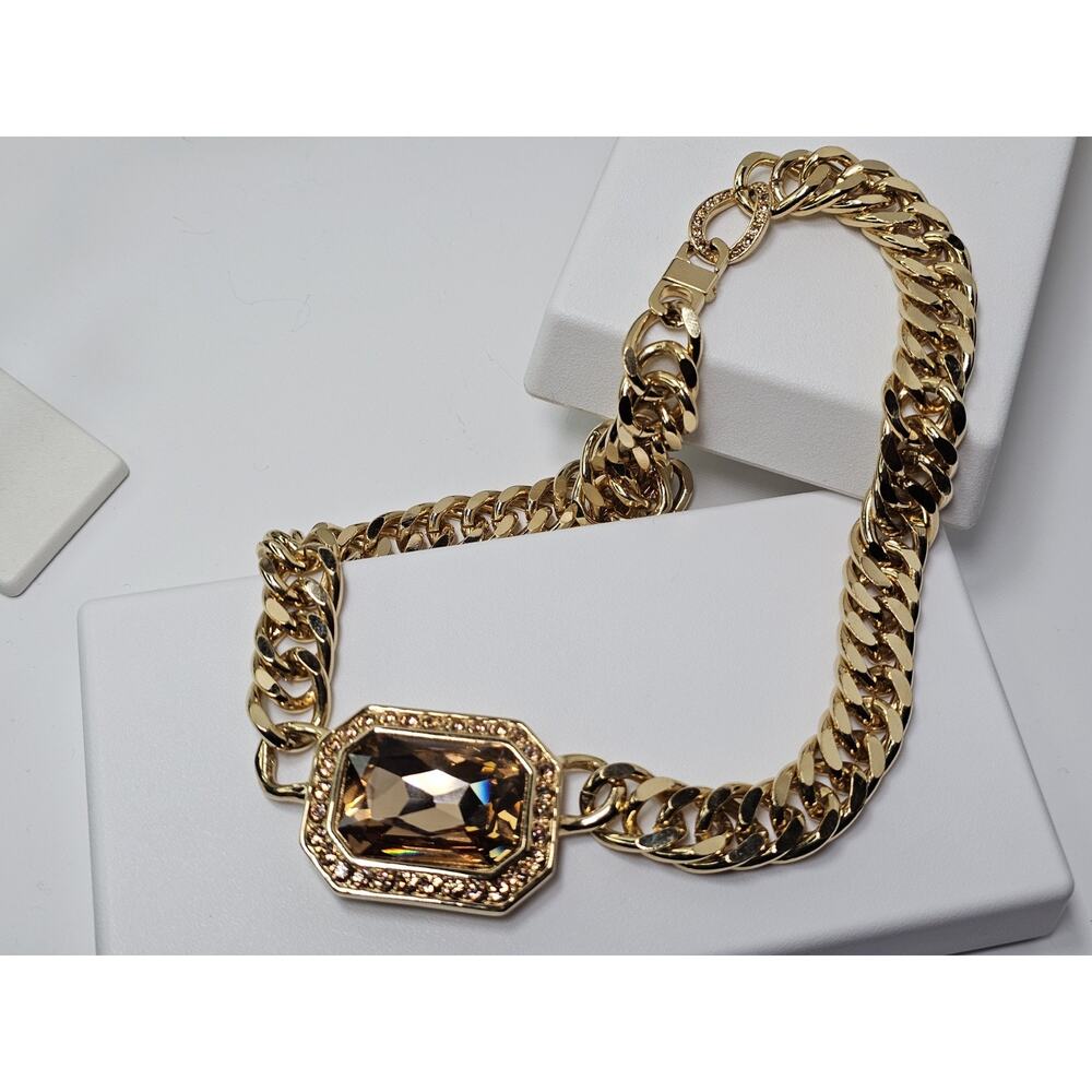 Authentic Judith Leiber Gold Tone & Large Crystal Choker Necklace 16"